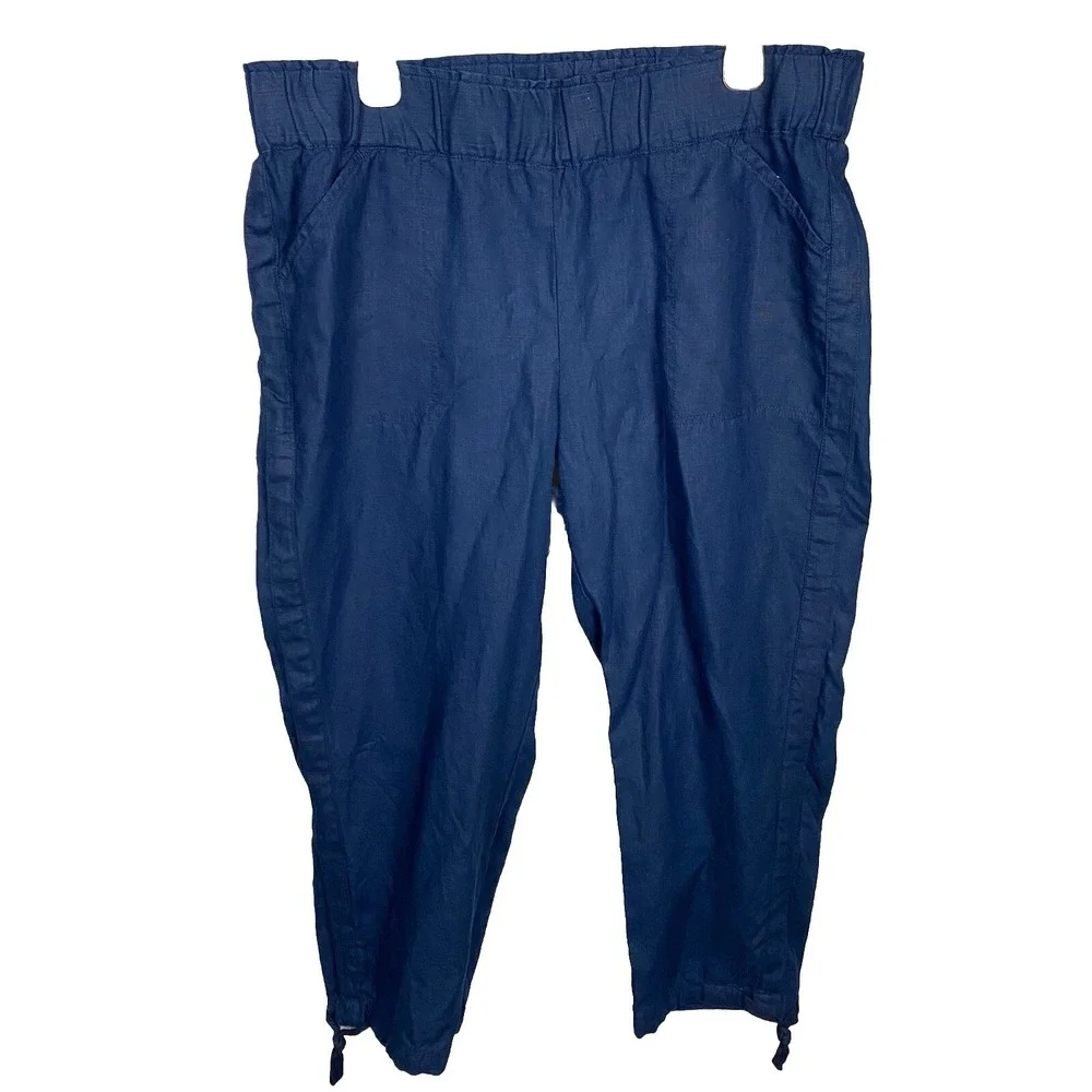 J JILL Pure 100% Linen Pull On Pants Cropped Blue Ankle Toggle Large Coastal